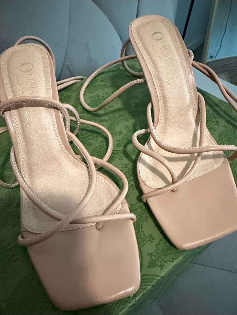 Strappy Square-Toe Lace-Up Sandal in Nude